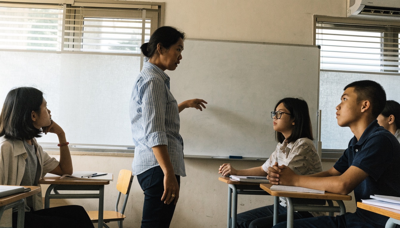 A teacher standing at a whiteboard while several students sit at desks in a classroom