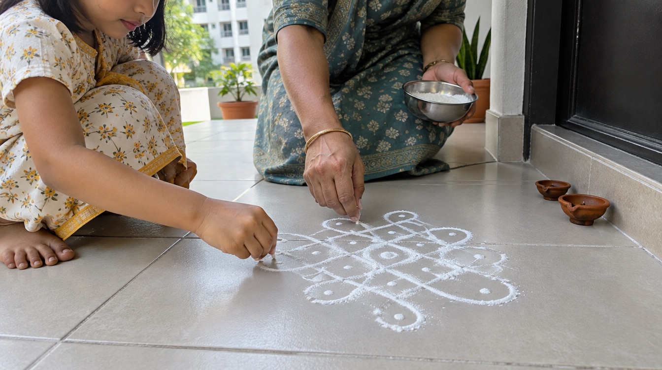 A child and an adult drawing a rice-flour kolam on a tiled doorstep, with clay oil lamps beside them