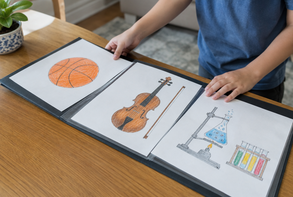 An open portfolio of children’s drawings: a basketball, a violin, and a science experiment