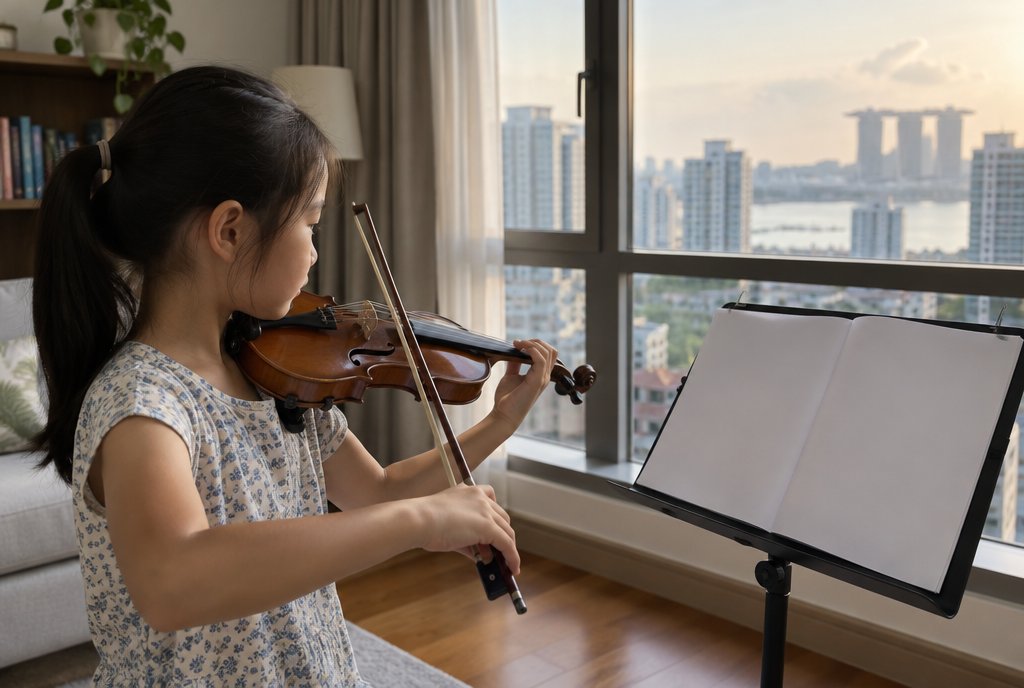 A girl practising violin by a window, with a blank music book on the stand