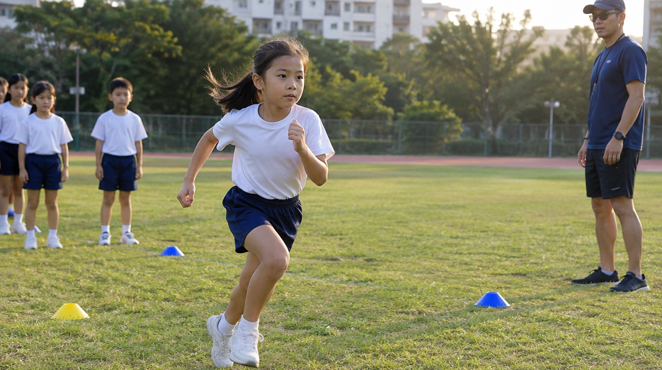 A primary school girl sprinting through training cones on a school field while a coach watches