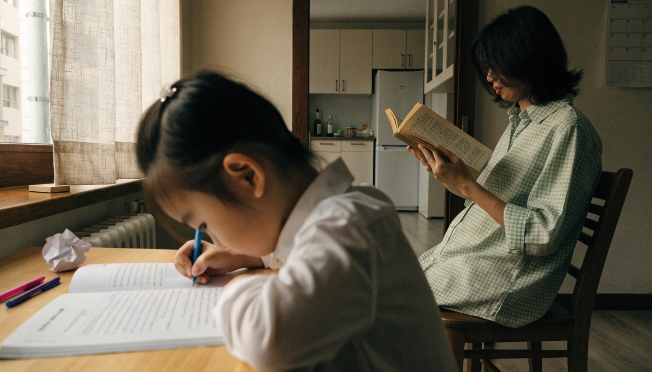 A child writing in a workbook at the dining table while a parent reads nearby