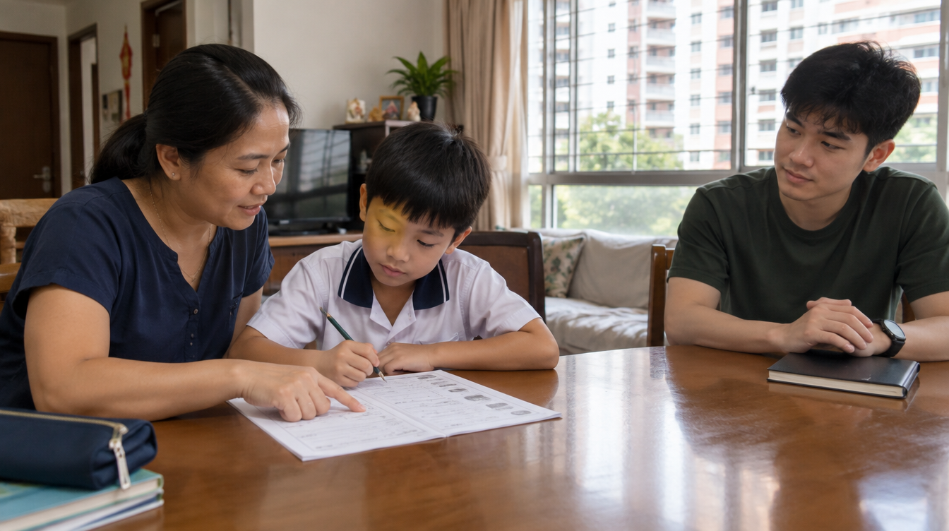 A mother and a young man sitting with a primary school boy as he works through a worksheet at the dining table