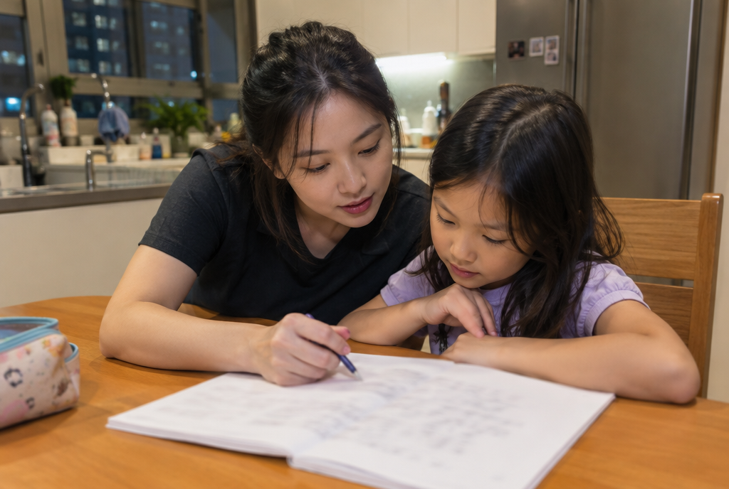 A tutor and a primary school girl working through an exercise book at a kitchen table at night