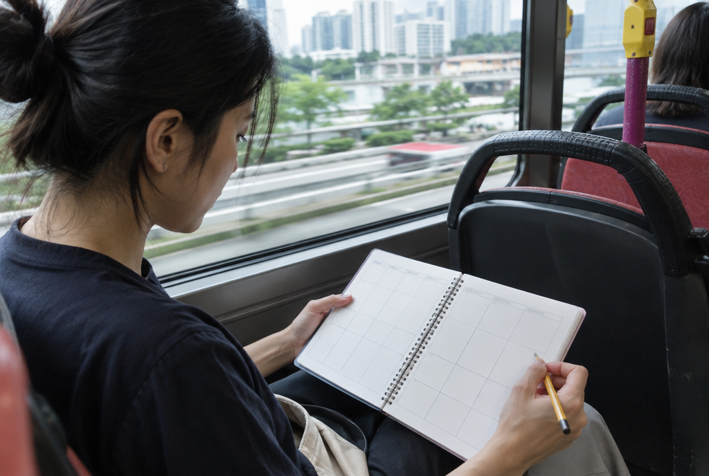 A tutor on a bus planning a blank weekly grid in a notebook