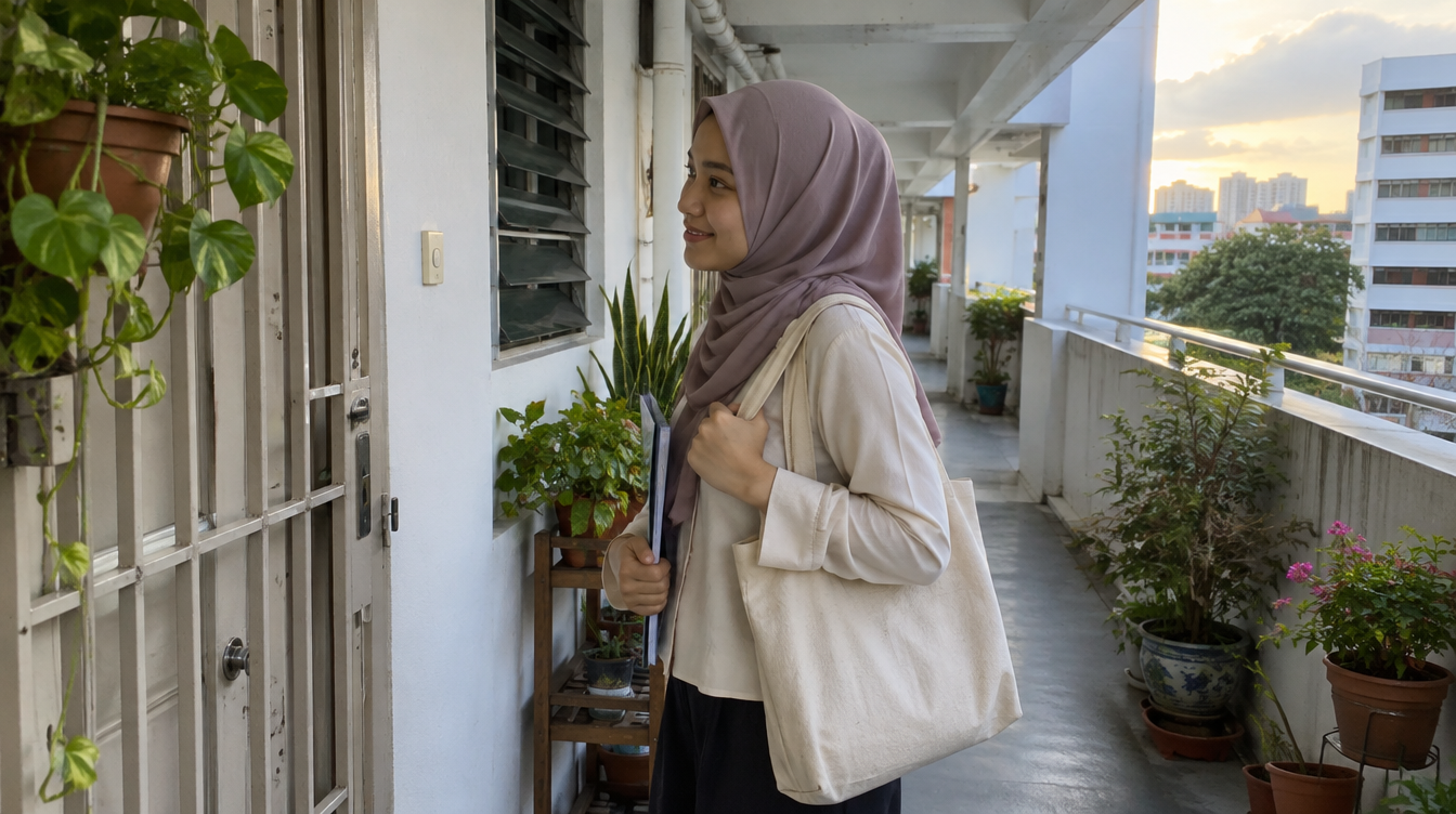 A tutor in a hijab standing at an HDB corridor door with a tote bag and a folder