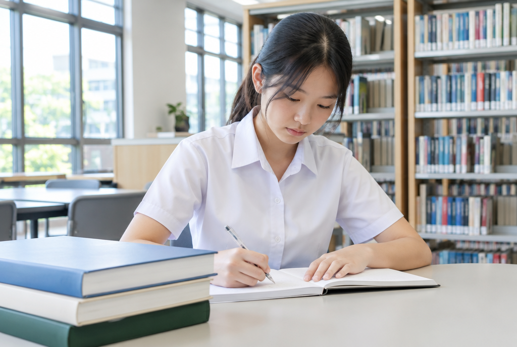 A secondary school girl in a white uniform writing in a notebook in a school library