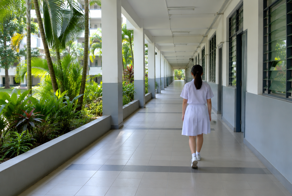 A student in a white uniform walking down a long open school corridor lined with tropical plants