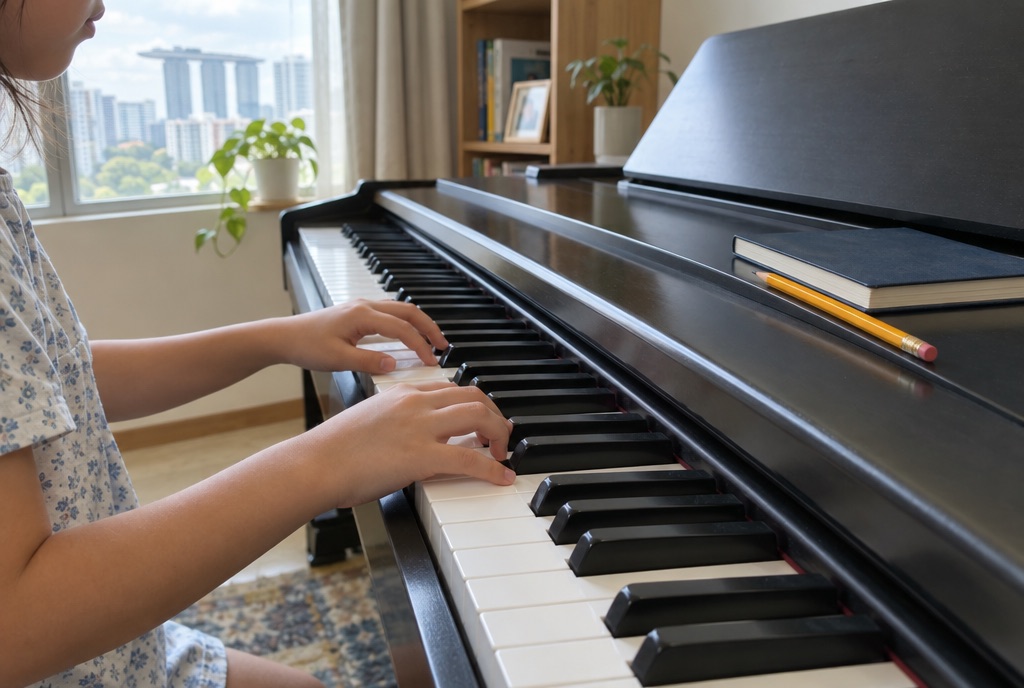 A child's hands on a piano keyboard, with a notebook and pencil on the piano