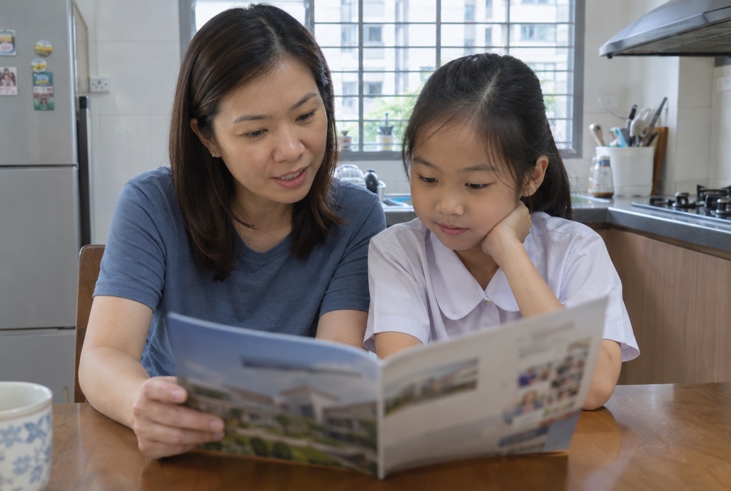 A mother and a primary school girl looking through a secondary school brochure at the kitchen table