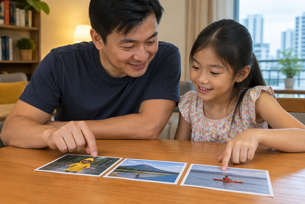 A father and daughter pointing at three printed photographs spread on a table