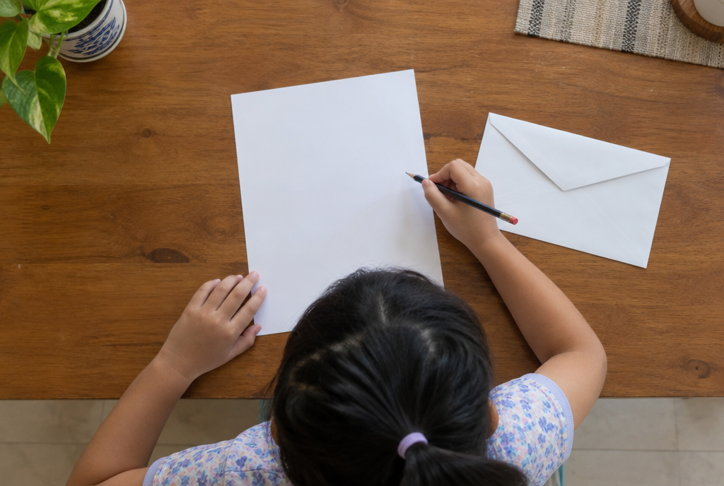 A child at a wooden table with a blank sheet, a pencil, and an unmarked envelope