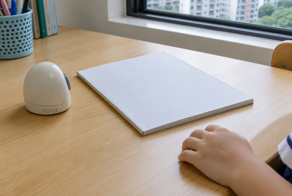 A closed exercise book and a kitchen timer turned face-down beside a child's hand