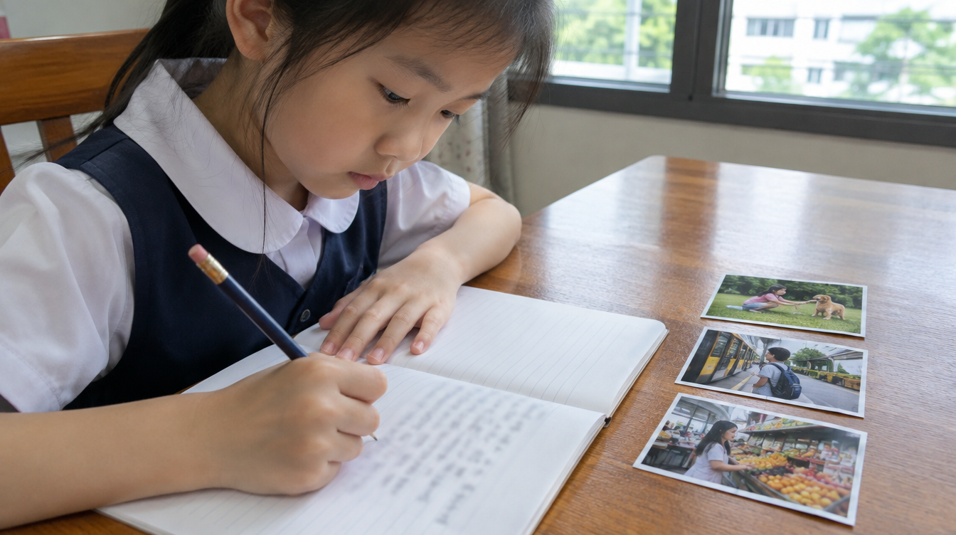 A primary school girl writing in a notebook beside three printed photographs laid out on the table