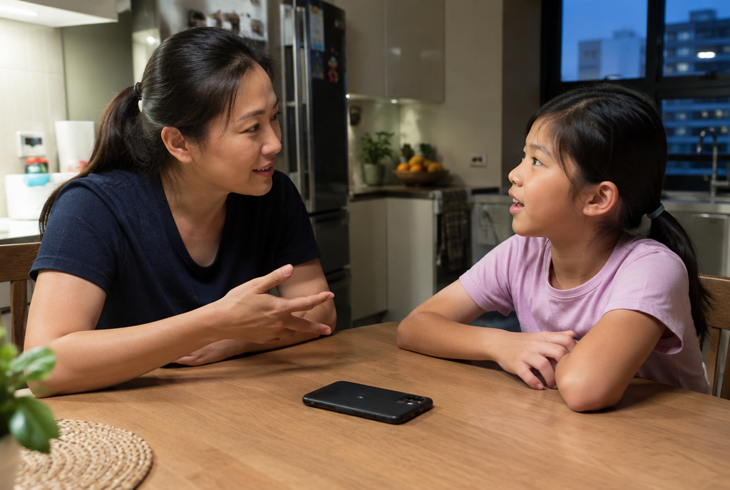 A mother and daughter talking across a kitchen table, with a phone lying face down between them