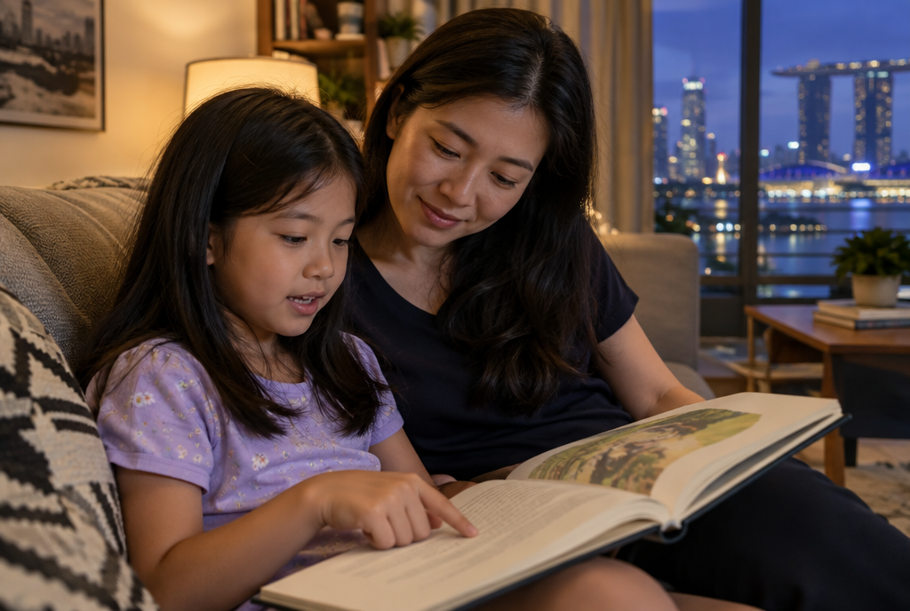 A girl reading aloud from a storybook to her mother, her finger on the line