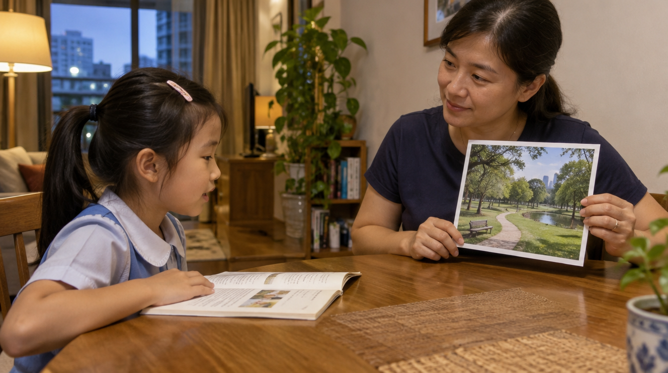 A woman holding a photograph of a park while a primary school girl speaks, with an open book on the table