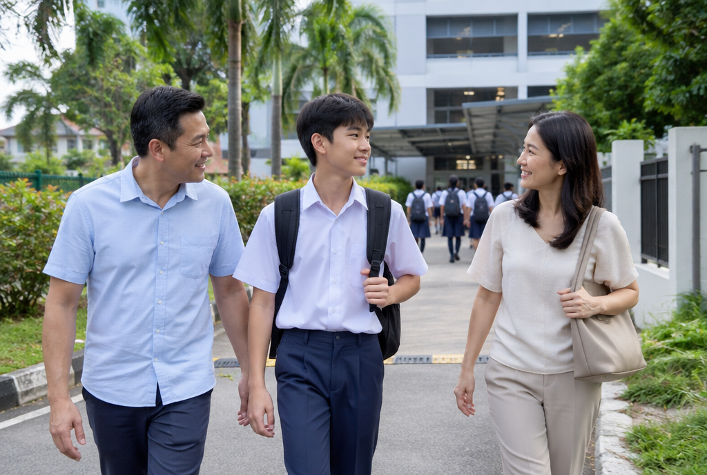 Parents walking a secondary school boy toward a school entrance, with other students ahead of them