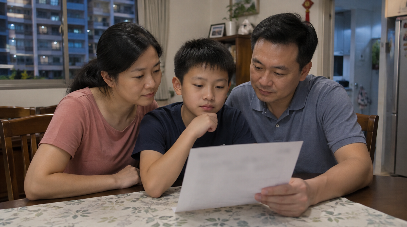Parents and a primary school boy reading a letter together at the dining table at night