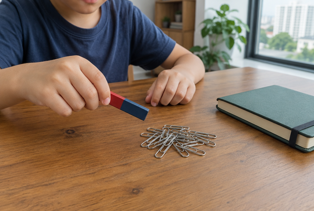 A child holding a bar magnet near a pile of paperclips on a wooden table