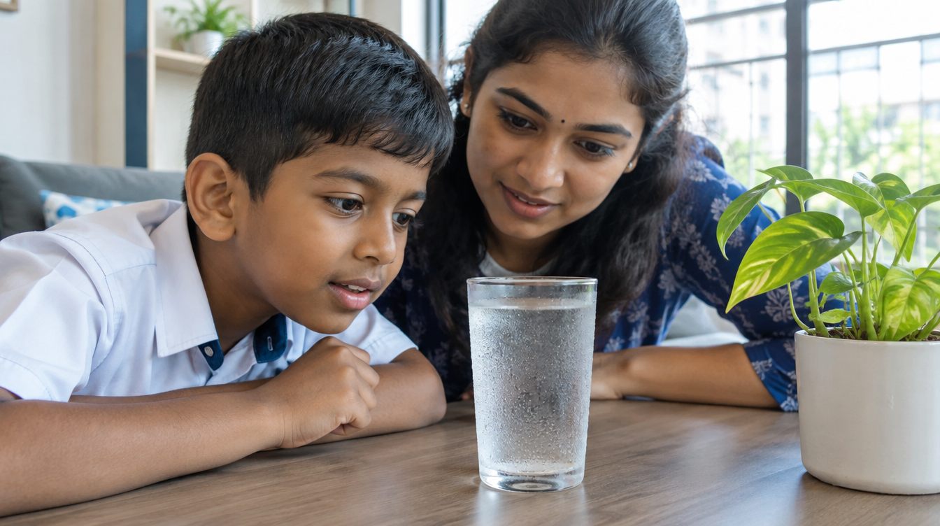 A boy in school uniform and a woman looking closely at a glass of water covered in droplets