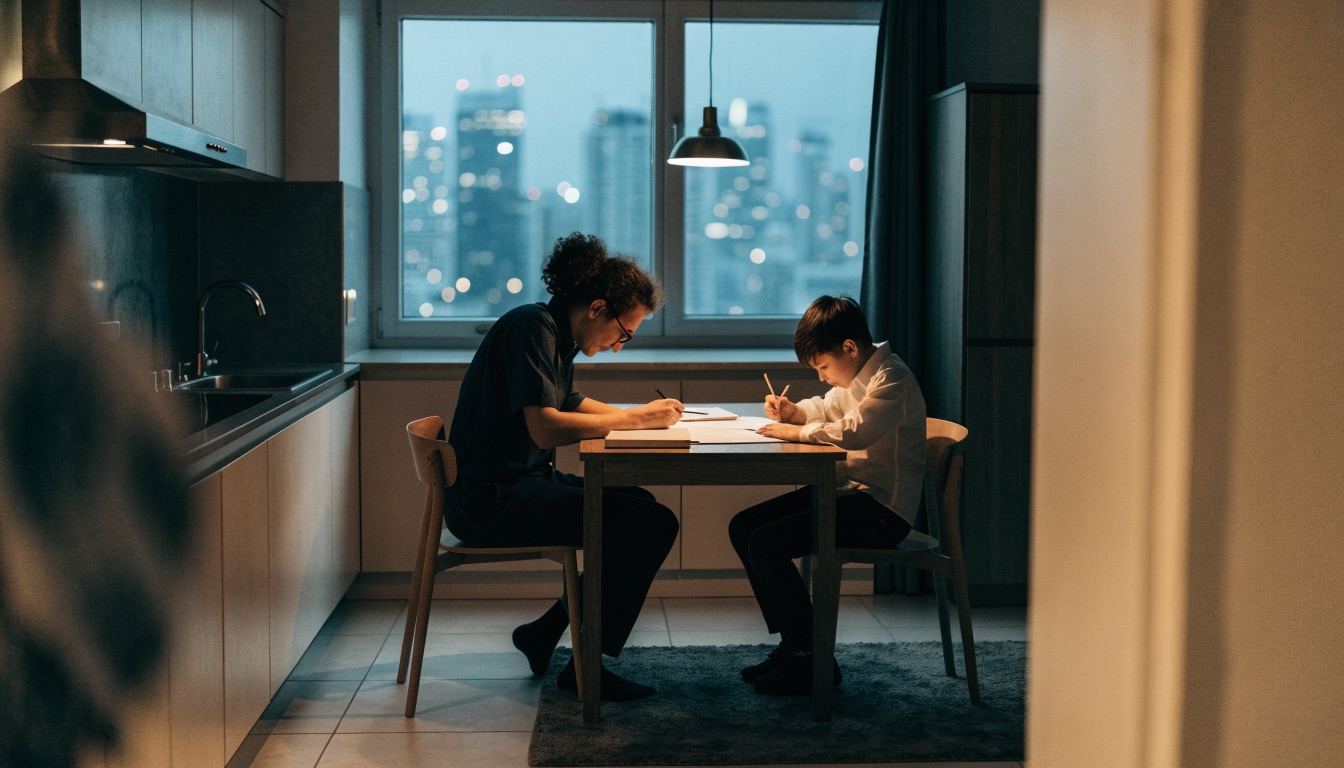 A tutor and a boy writing together at a kitchen table in the evening