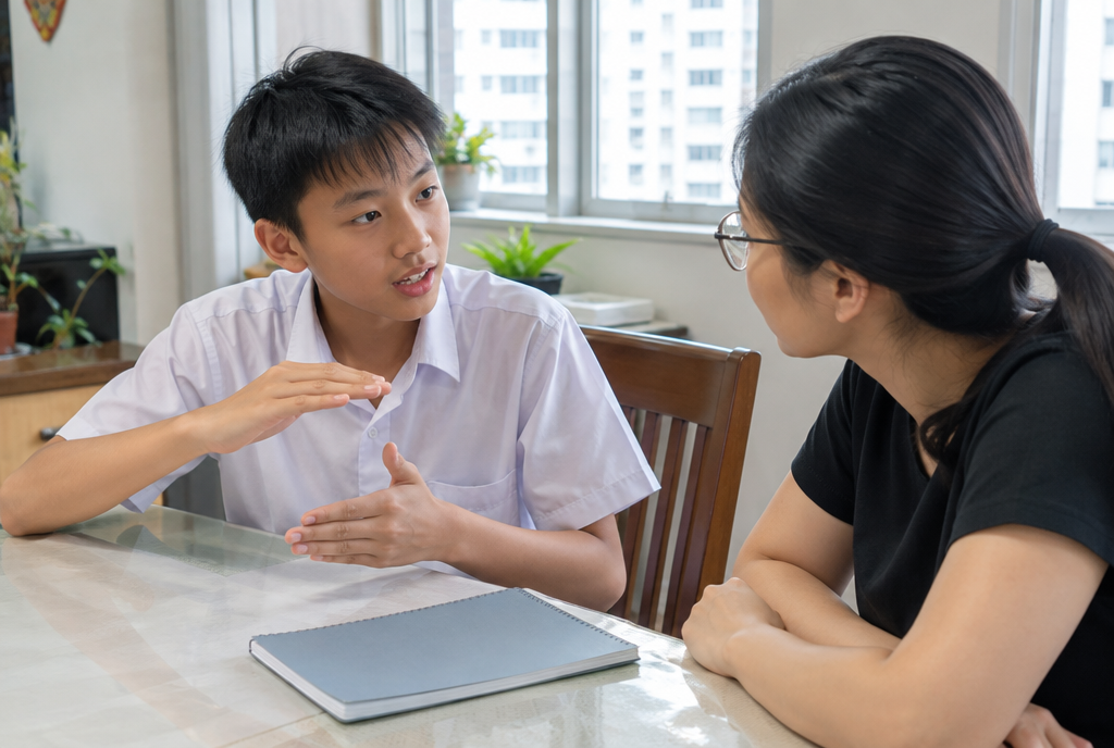 A secondary school boy explaining with his hands to a tutor across a table