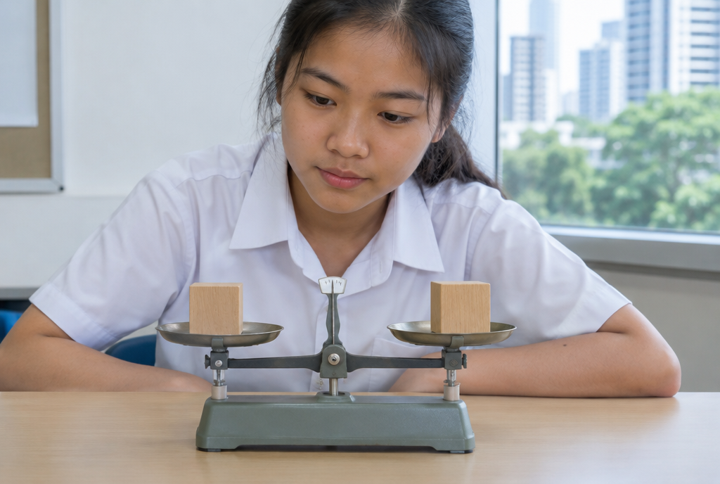 A secondary student in uniform looking at a balance scale with one wooden block on each side