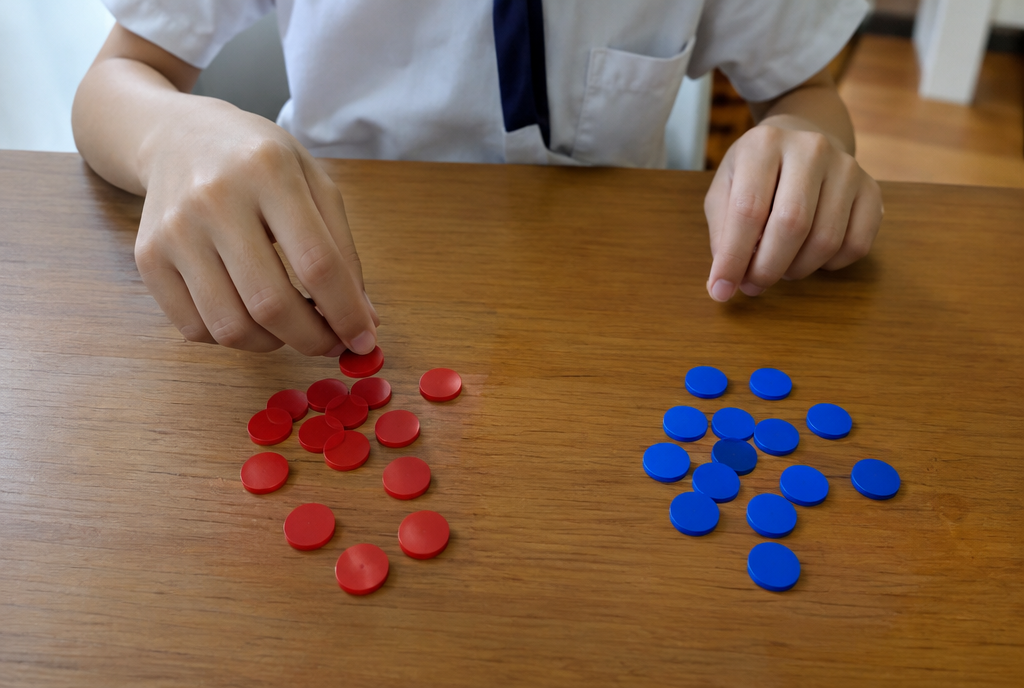A student's hands sorting red counters and blue counters into separate groups