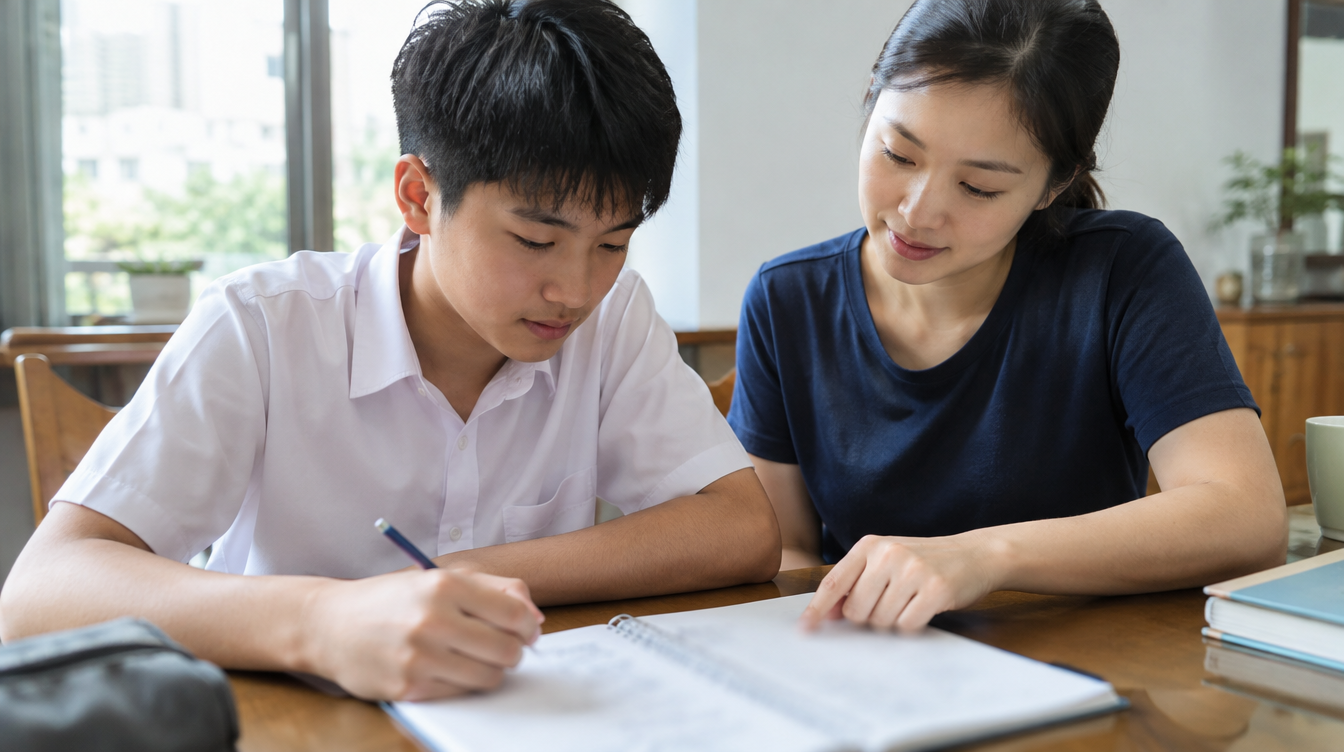 A secondary school boy in uniform writing in a notebook while a tutor points at the page