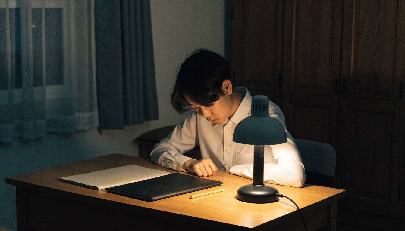 A secondary student studying at a desk under a lamp at night