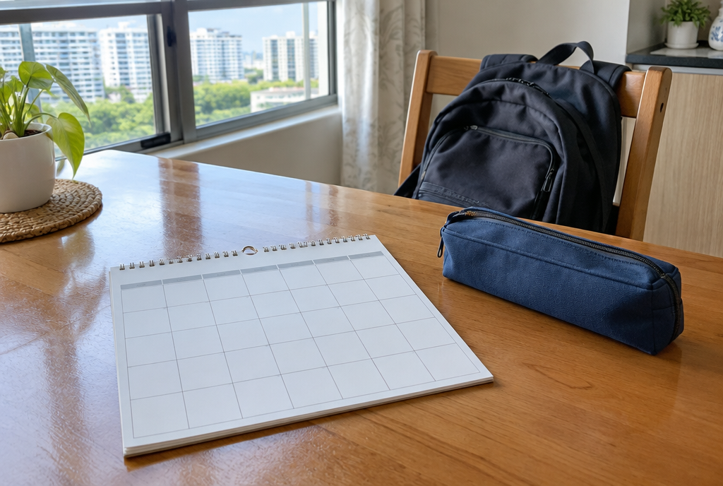 A blank wall calendar, a navy pencil case and a school bag on a dining table in a Singapore flat