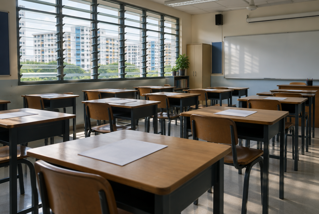 An empty Singapore primary classroom with blank papers face down on the desks