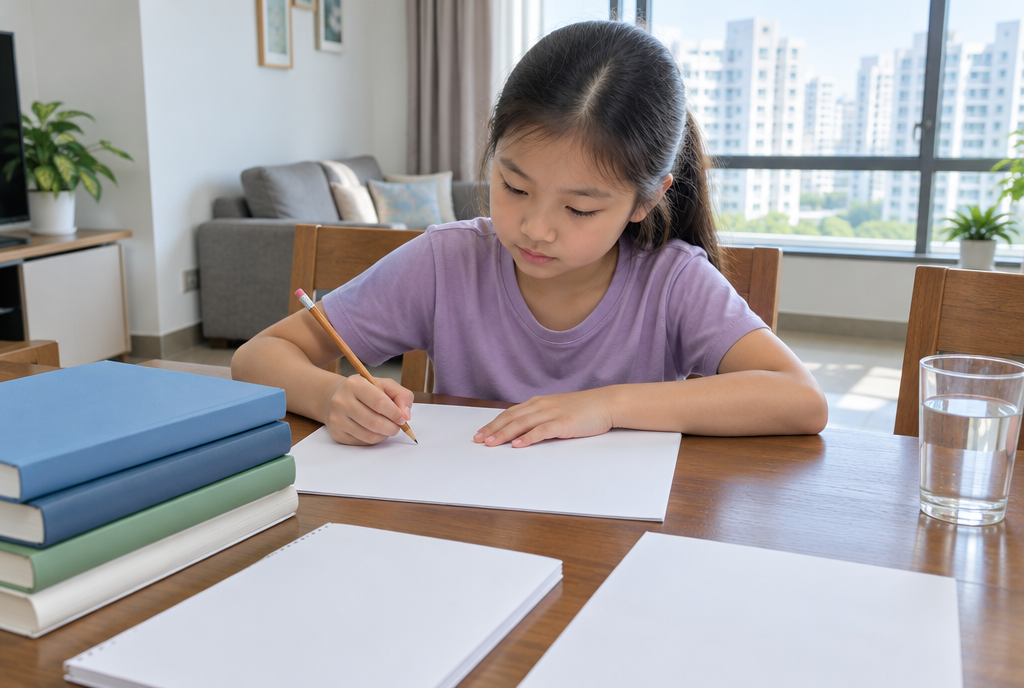 A primary school child revising at a dining table in daylight, with closed textbooks beside a pencil