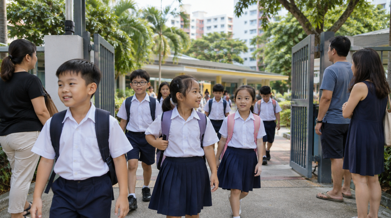 Primary school children in white shirts and navy bottoms walking out of a Singapore school gate, with parents waiting
