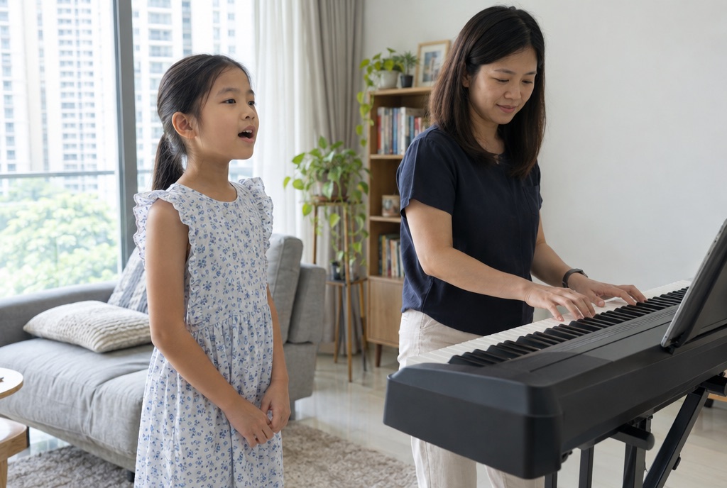 A girl singing at home while a teacher plays a digital piano