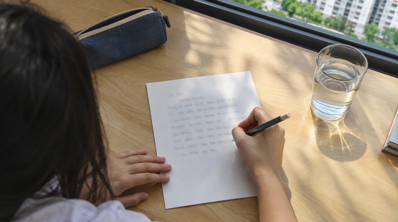 A student's hands writing on paper at a desk, with the words out of focus
