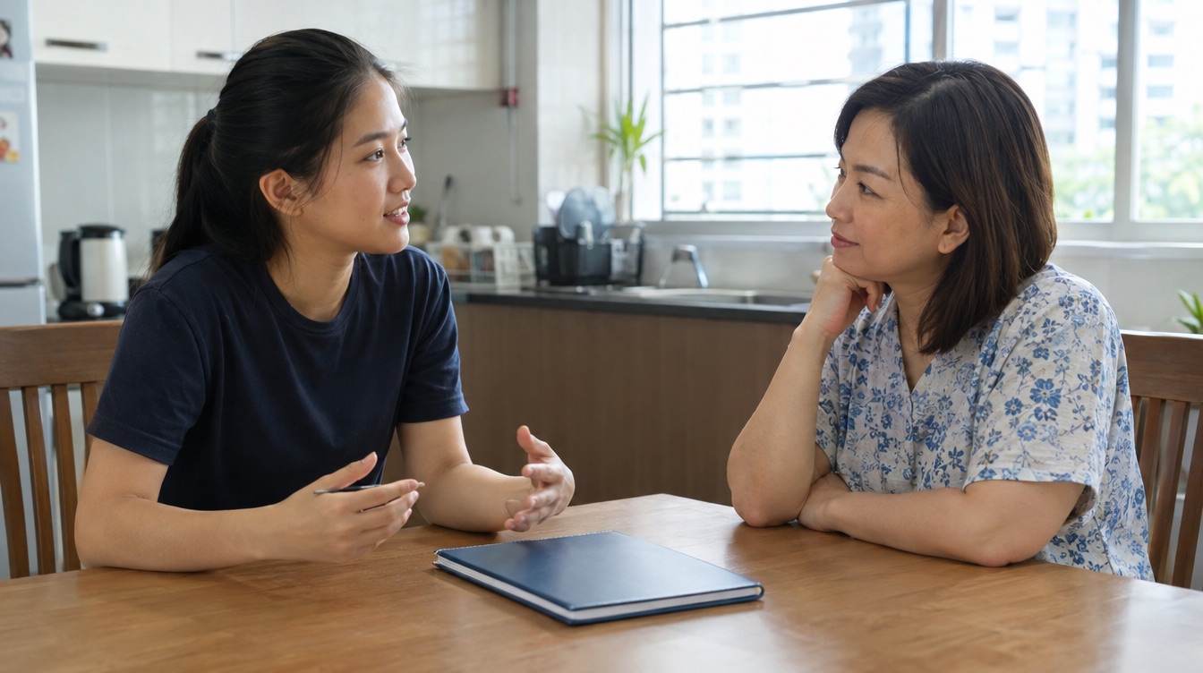 A tutor and a parent talking at a kitchen table