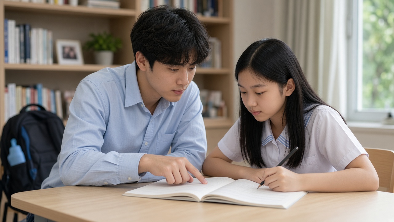 A university student tutoring a primary school girl at her desk
