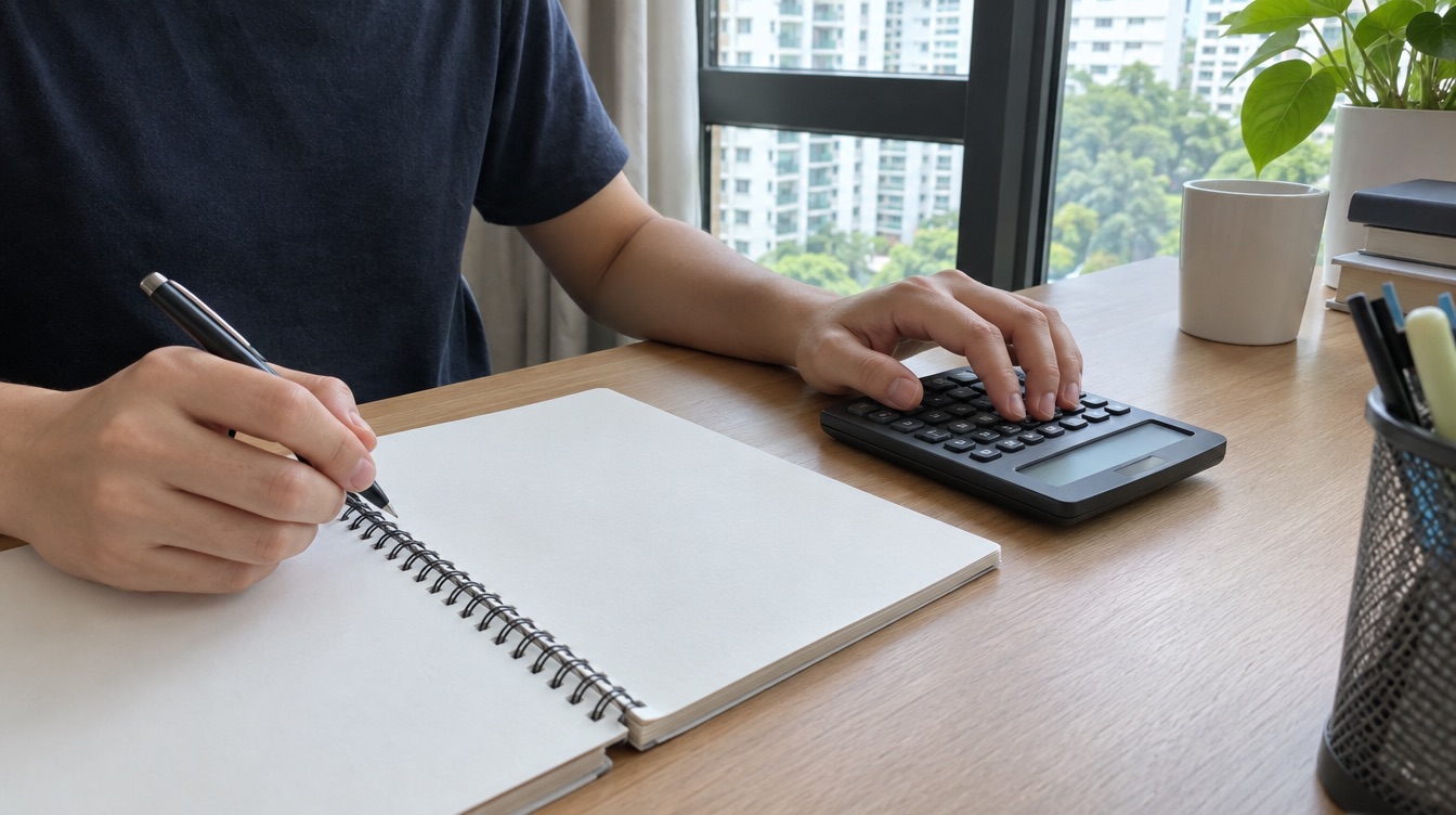 A tutor writing in a blank notebook beside a calculator
