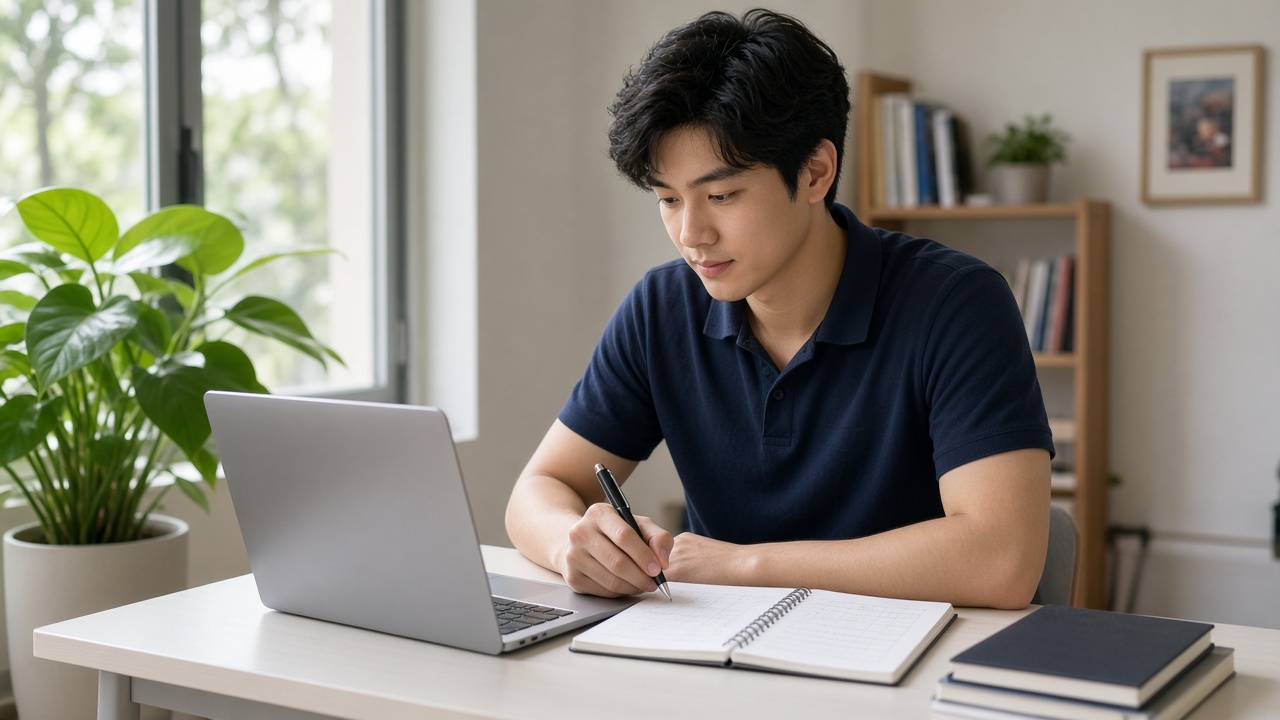 A tutor drafting a tuition application beside a laptop