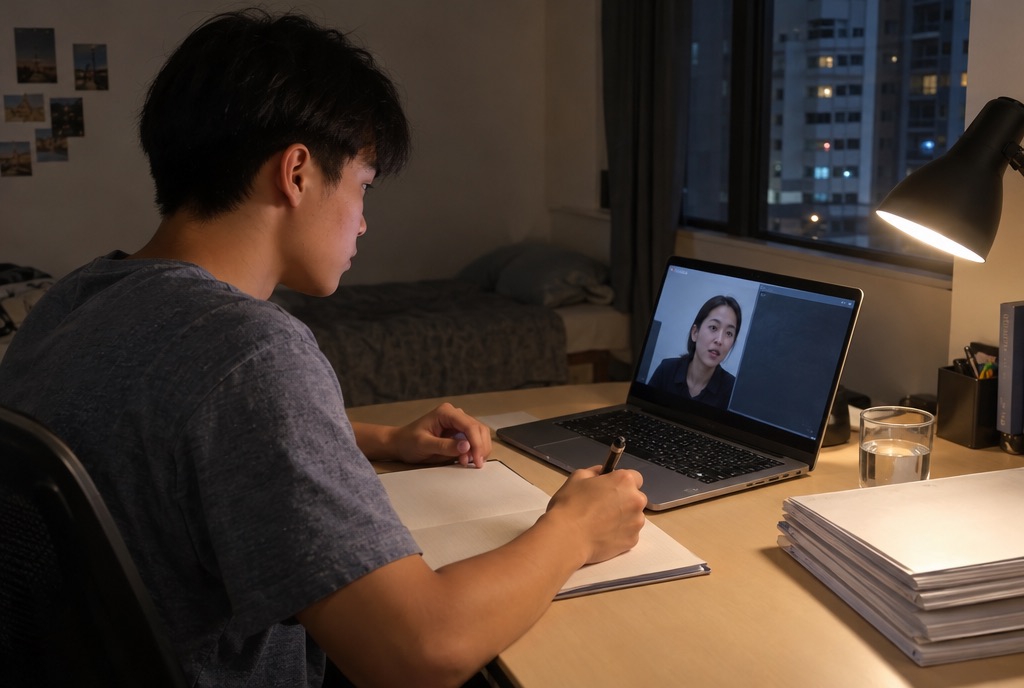 A junior college student writes in a notebook during an evening online tuition call on a laptop