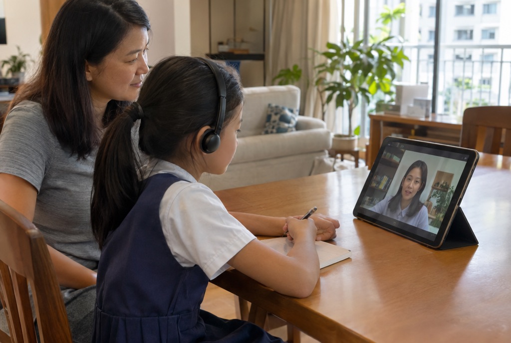 A primary school girl in uniform takes an online lesson on a tablet while a parent sits beside her