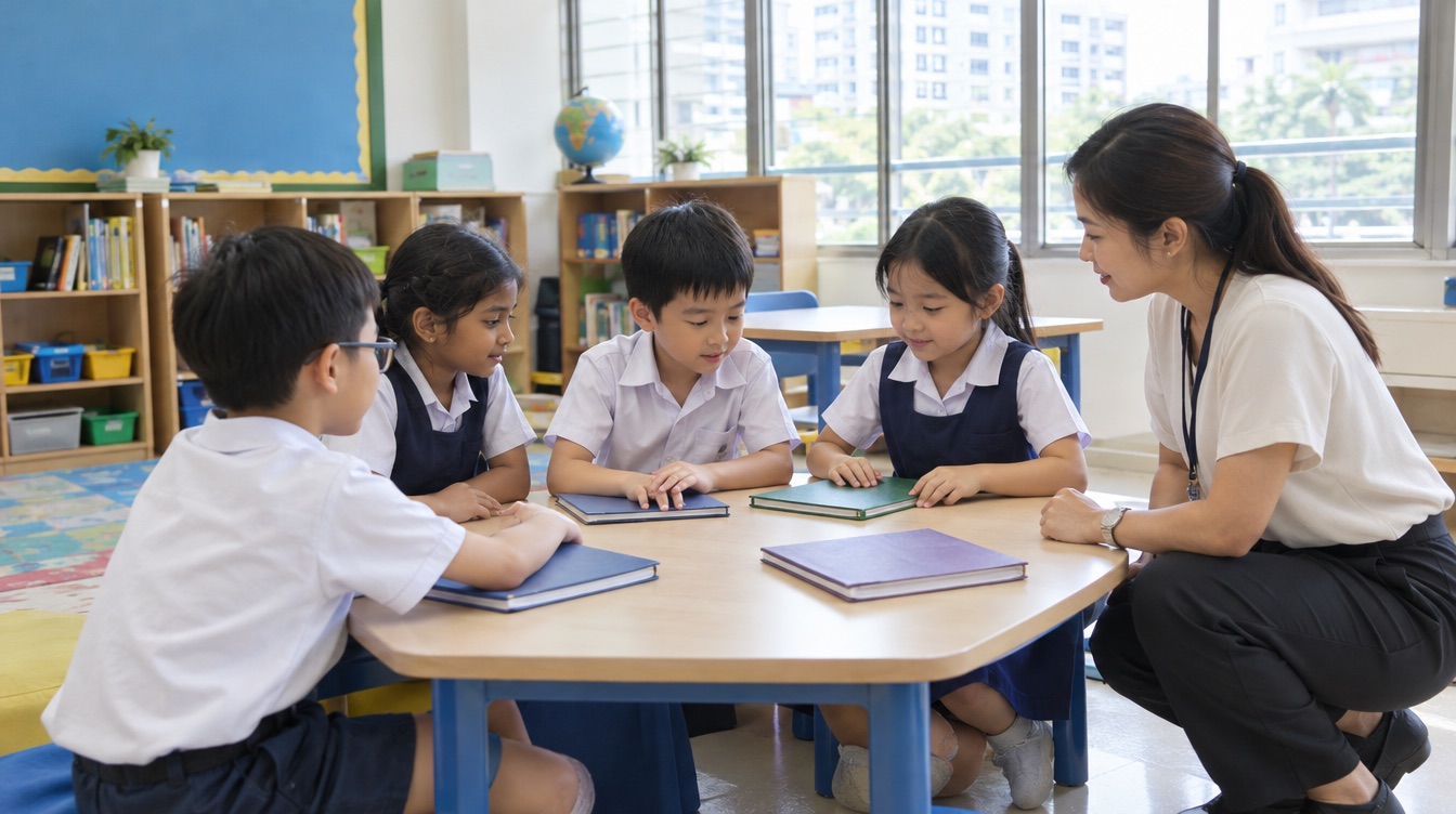 A teacher with primary pupils around a classroom table