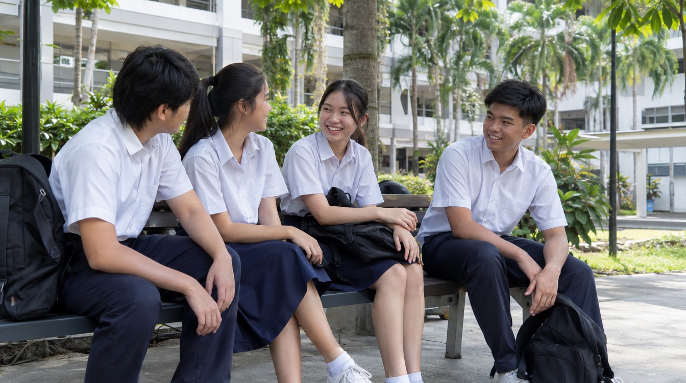 Secondary students talking on a bench in a school courtyard