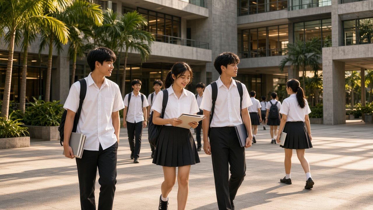 Secondary students leaving a school courtyard with their books