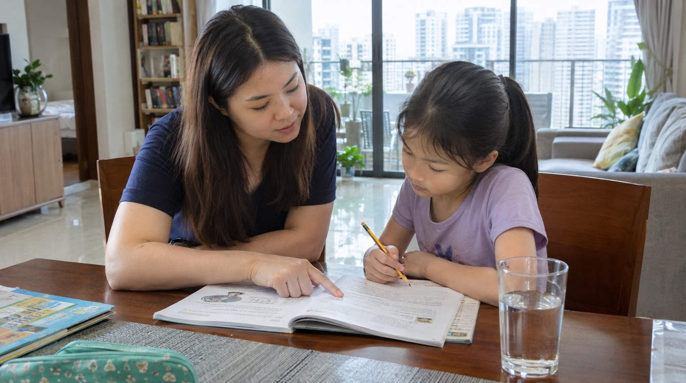 A tutor teaching one primary student at a dining table in a Singapore home