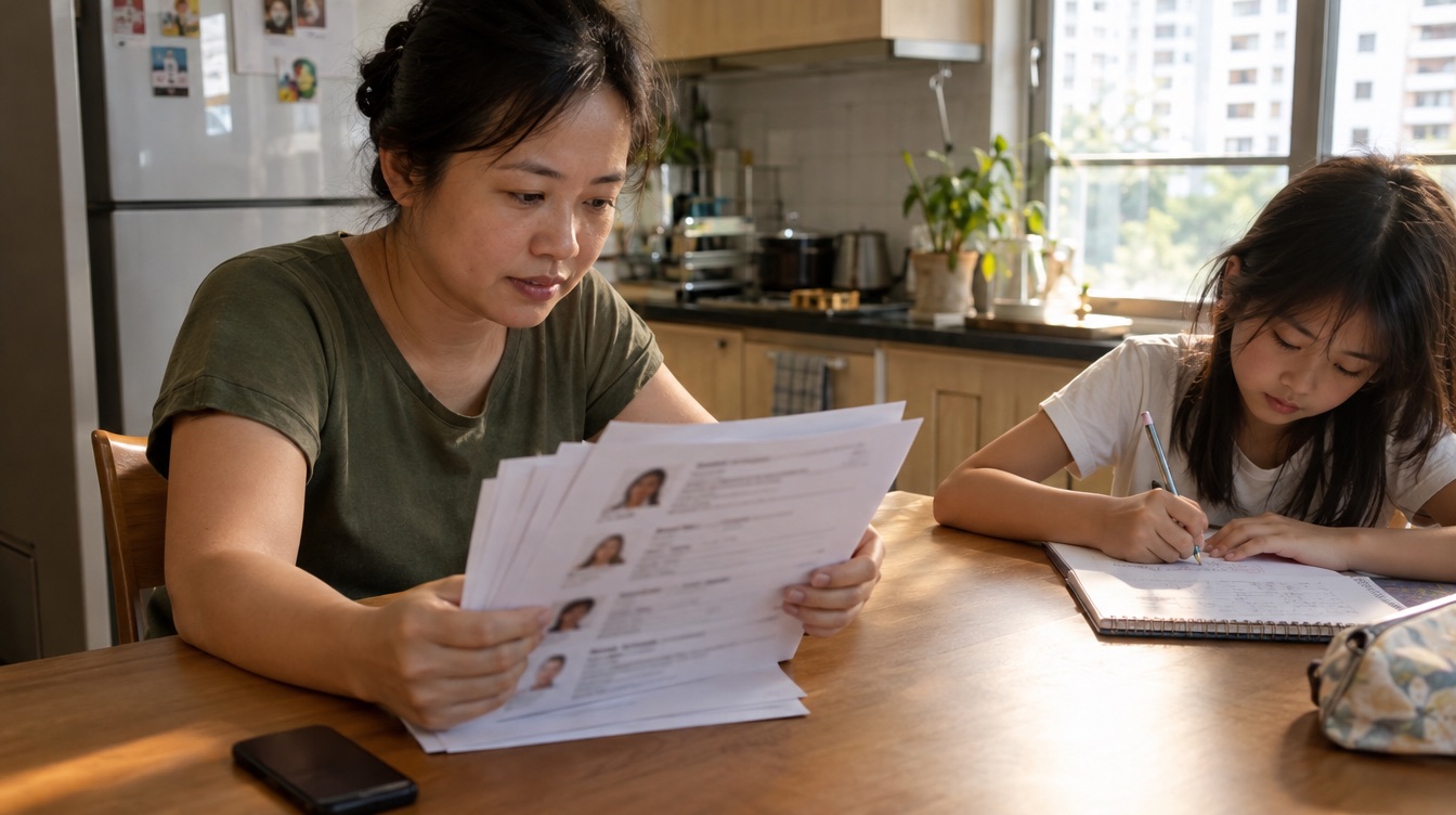 A parent at a kitchen table comparing printed tutor profiles while a child does homework