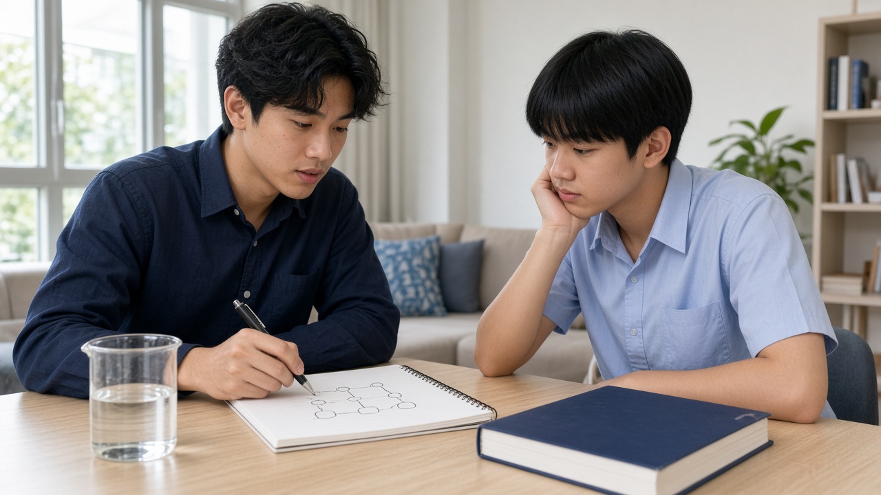A tutor explaining a chemistry diagram to a secondary student